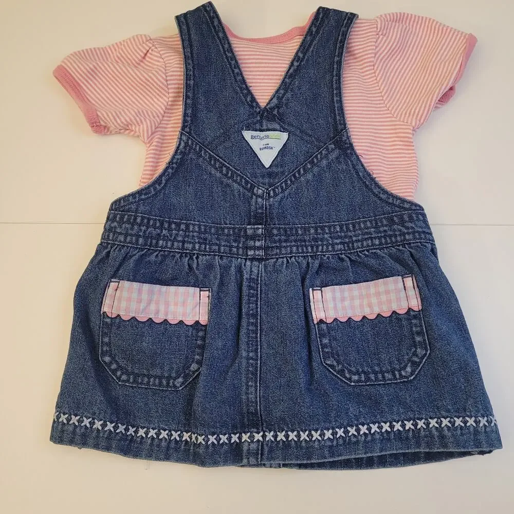 Genuine Kids OshKosh Denim Jumper Dress Set 6M Pink Stripe Tee Baby Daisy